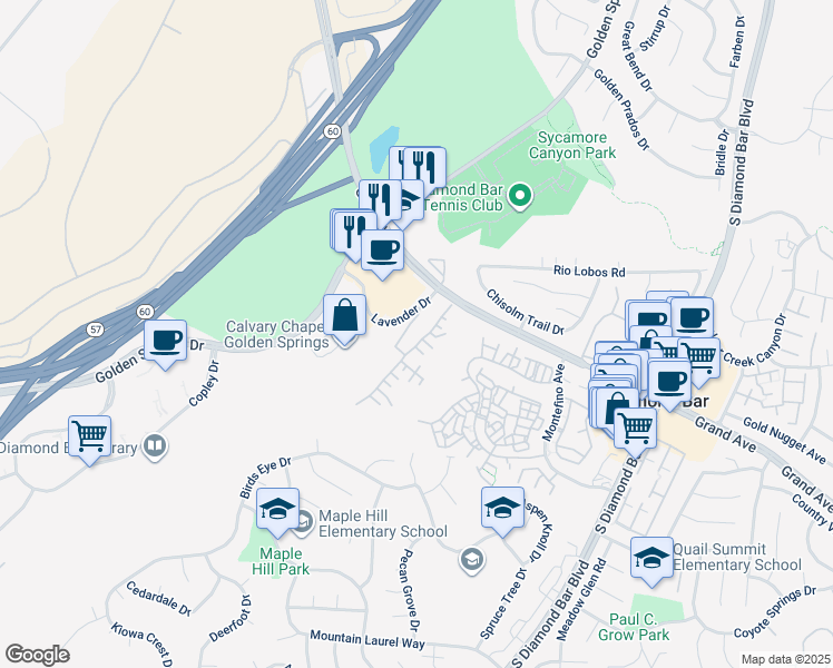 map of restaurants, bars, coffee shops, grocery stores, and more near 817 Terrace Lane East in Diamond Bar