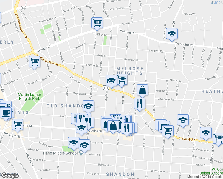 map of restaurants, bars, coffee shops, grocery stores, and more near 2900 Millwood Avenue in Columbia
