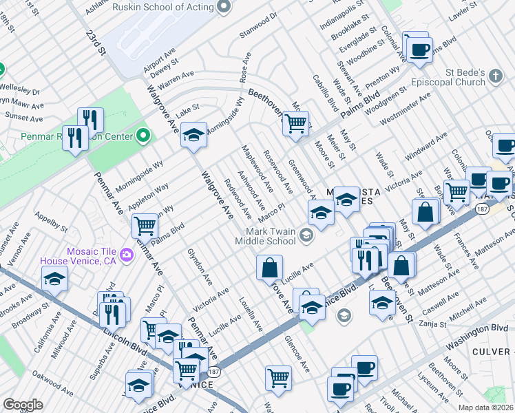 map of restaurants, bars, coffee shops, grocery stores, and more near 3545 Ashwood Avenue in Los Angeles