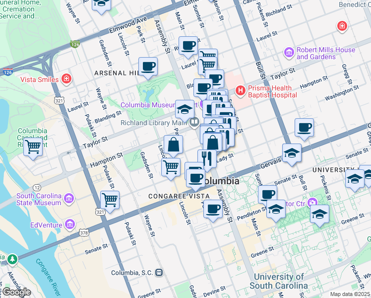 map of restaurants, bars, coffee shops, grocery stores, and more near in Columbia