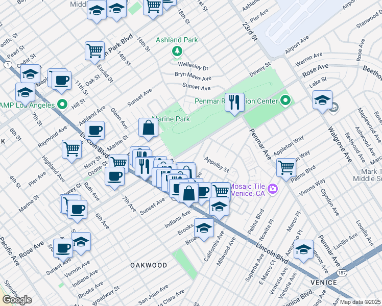 map of restaurants, bars, coffee shops, grocery stores, and more near 932 Rose Avenue in Los Angeles