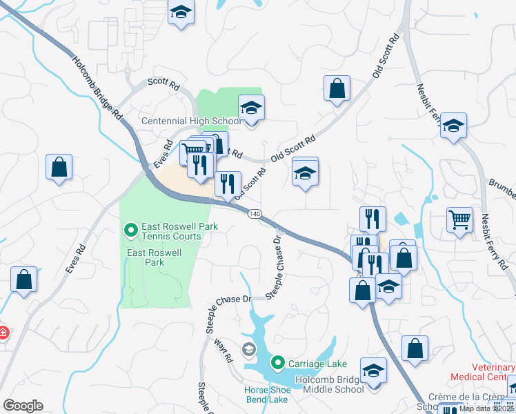 map of restaurants, bars, coffee shops, grocery stores, and more near 2080 Abbey Road in Roswell