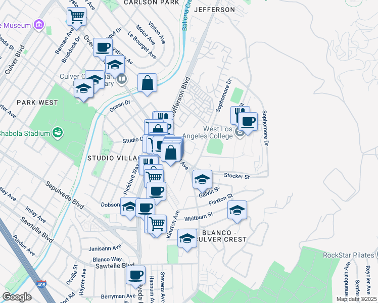 map of restaurants, bars, coffee shops, grocery stores, and more near 4944 Maytime Lane in Culver City