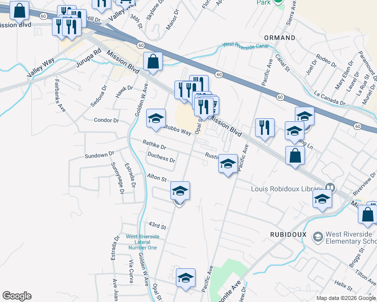 map of restaurants, bars, coffee shops, grocery stores, and more near 6307 Rathke Drive in Riverside
