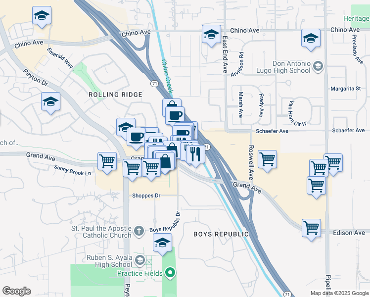 map of restaurants, bars, coffee shops, grocery stores, and more near 3626 Grand Avenue in Chino Hills