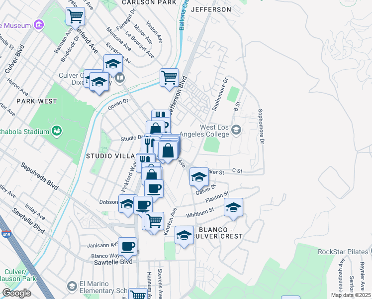 map of restaurants, bars, coffee shops, grocery stores, and more near 4939 Maytime Lane in Culver City