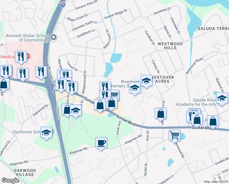 map of restaurants, bars, coffee shops, grocery stores, and more near 403 New Brookland Place in West Columbia