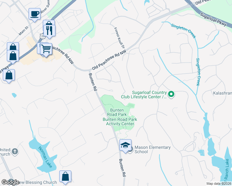 map of restaurants, bars, coffee shops, grocery stores, and more near 3106 Canter Way in Duluth