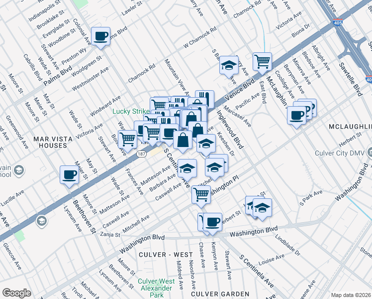 map of restaurants, bars, coffee shops, grocery stores, and more near 12236 Pacific Avenue in Los Angeles