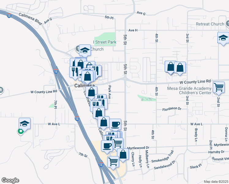 map of restaurants, bars, coffee shops, grocery stores, and more near Erwin Street in Calimesa