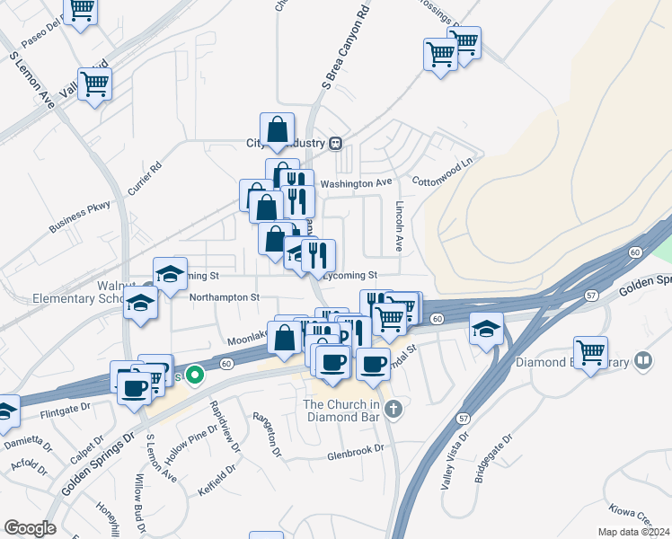 map of restaurants, bars, coffee shops, grocery stores, and more near 21049 Lycoming Street in Walnut