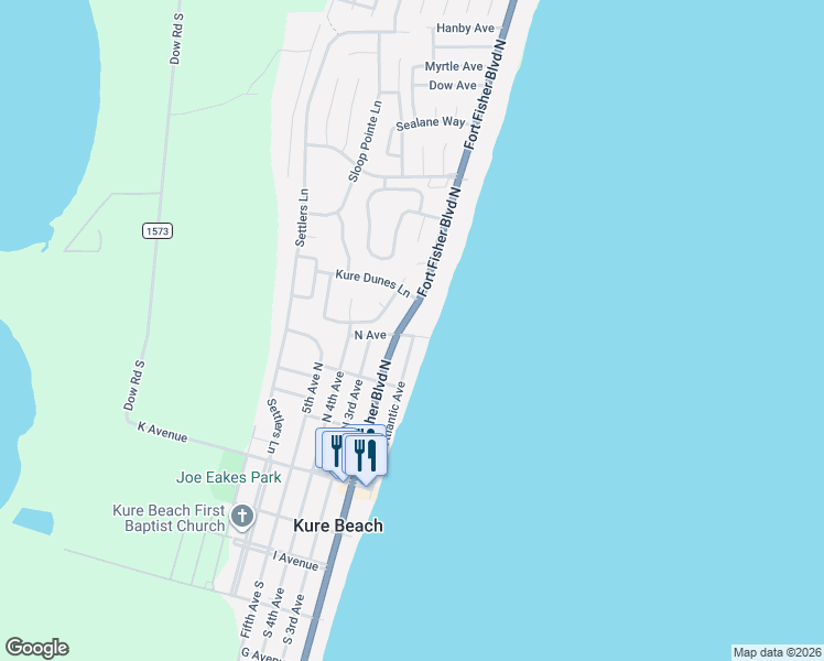 map of restaurants, bars, coffee shops, grocery stores, and more near 414 Fort Fisher Boulevard North in Kure Beach