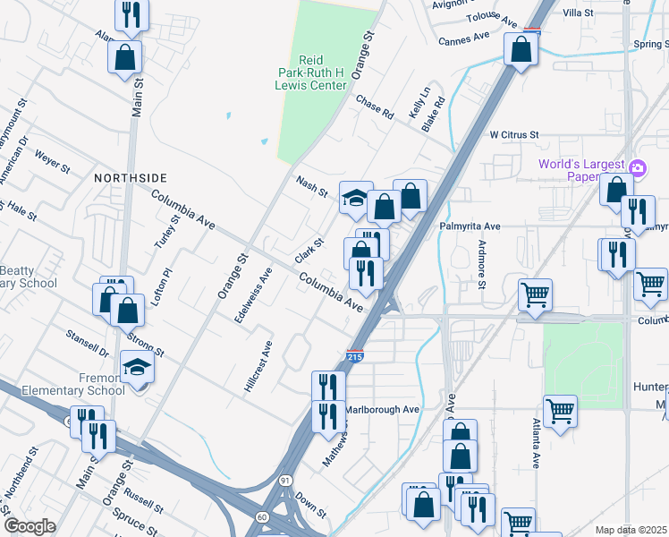 map of restaurants, bars, coffee shops, grocery stores, and more near 3275 Columbia Avenue in Riverside