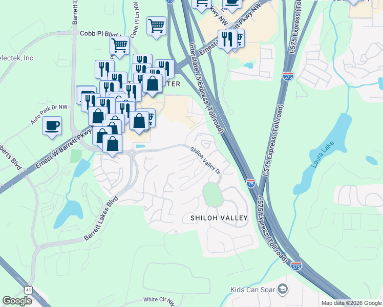 map of restaurants, bars, coffee shops, grocery stores, and more near 304 General Wheeler Court in Kennesaw
