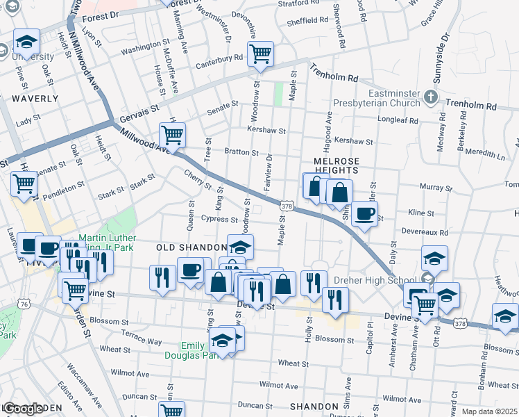 map of restaurants, bars, coffee shops, grocery stores, and more near 23 Old Shandon Circle in Columbia