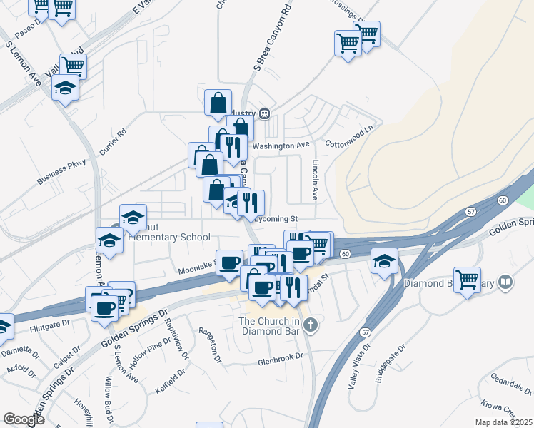 map of restaurants, bars, coffee shops, grocery stores, and more near 21049 Lycoming Street in Walnut