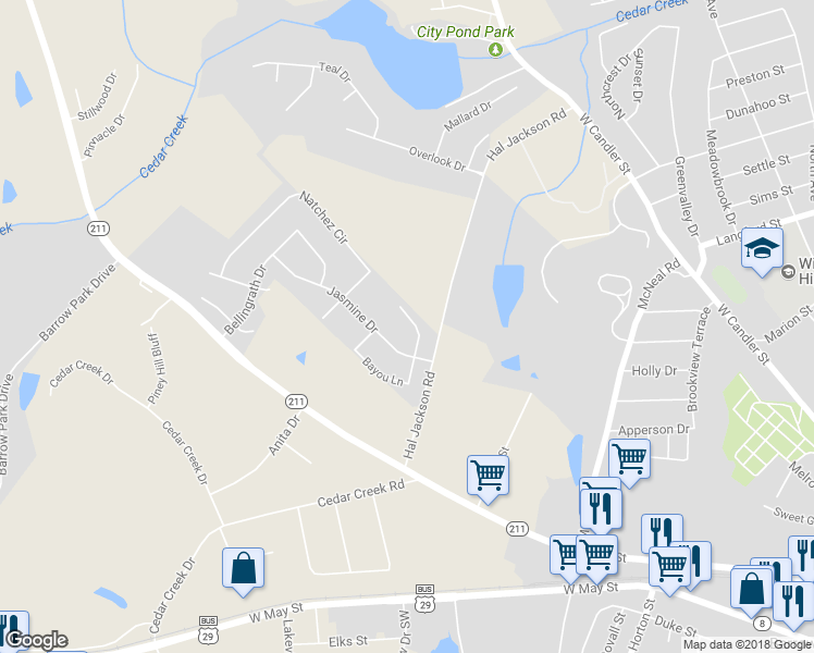 map of restaurants, bars, coffee shops, grocery stores, and more near 290 Bayou Lane in Winder