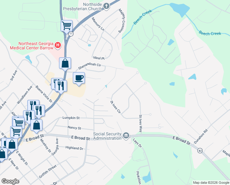 map of restaurants, bars, coffee shops, grocery stores, and more near 54 Saint Ives Circle in Winder