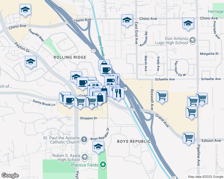 map of restaurants, bars, coffee shops, grocery stores, and more near 3626 Grand Avenue in Chino Hills