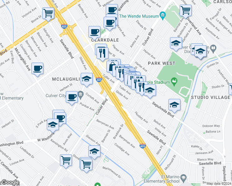 map of restaurants, bars, coffee shops, grocery stores, and more near 4315 Globe Avenue in Culver City