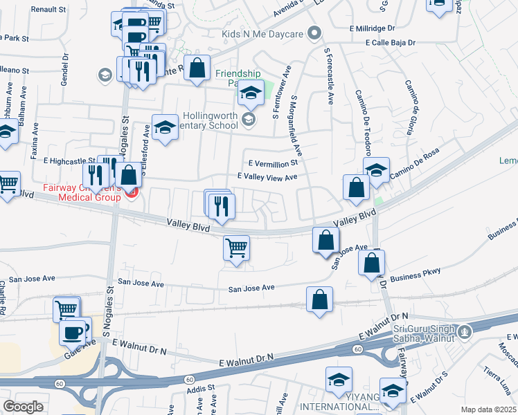 map of restaurants, bars, coffee shops, grocery stores, and more near 3033 East Valley Boulevard in West Covina