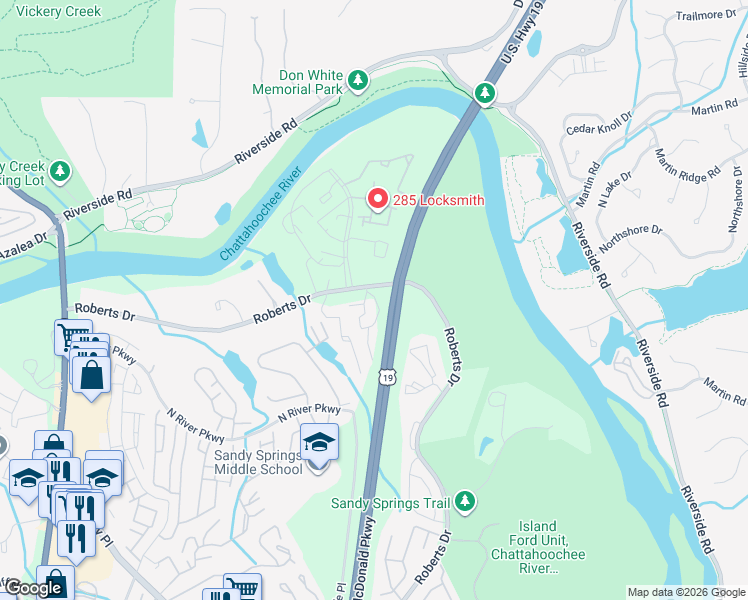 map of restaurants, bars, coffee shops, grocery stores, and more near 9400 Roberts Drive in Sandy Springs