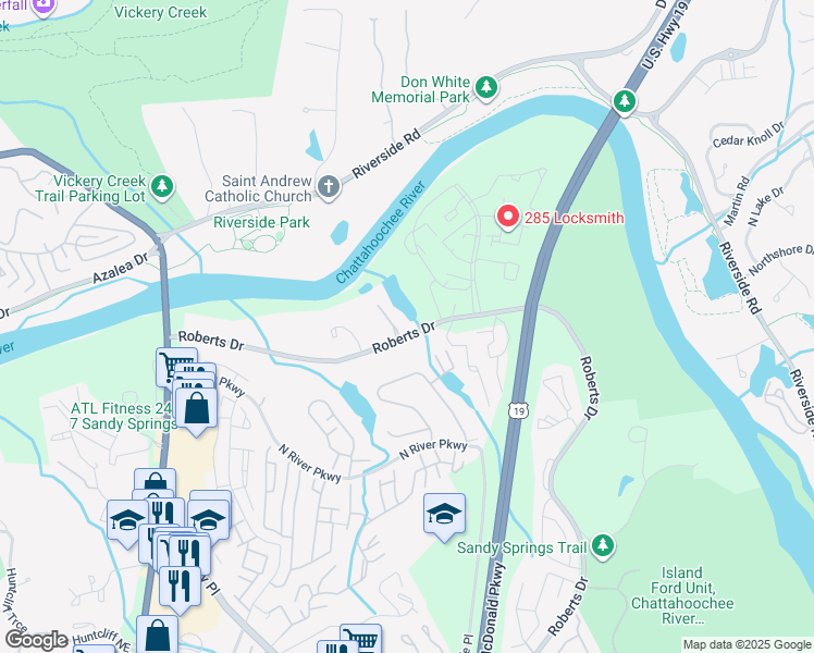map of restaurants, bars, coffee shops, grocery stores, and more near 205 Rivermere Way in Atlanta
