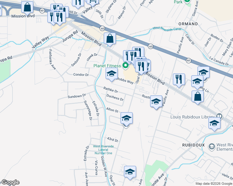 map of restaurants, bars, coffee shops, grocery stores, and more near 6382 Rathke Drive in Riverside