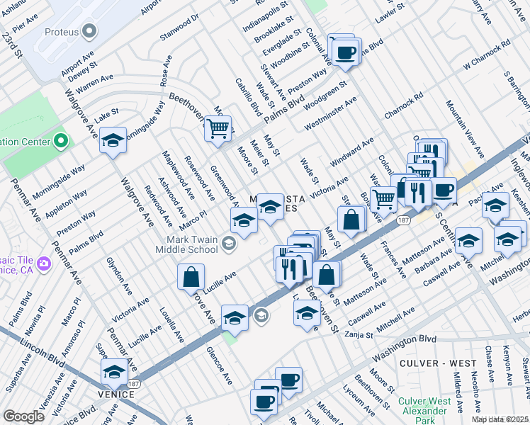 map of restaurants, bars, coffee shops, grocery stores, and more near 3658 Beethoven Street in Los Angeles