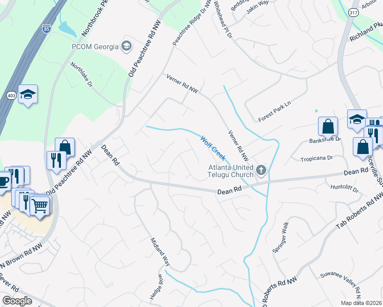 map of restaurants, bars, coffee shops, grocery stores, and more near 950 White Birch Way in Lawrenceville