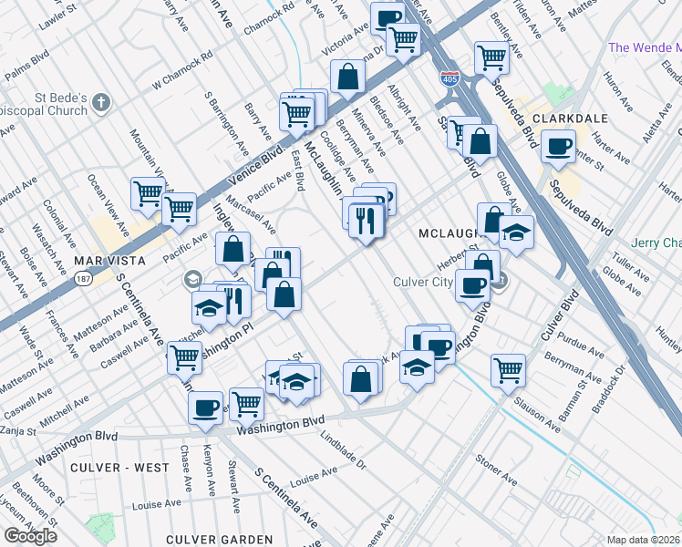 map of restaurants, bars, coffee shops, grocery stores, and more near 11826 Washington Place in Los Angeles