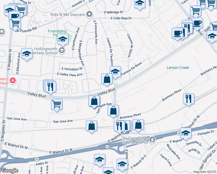 map of restaurants, bars, coffee shops, grocery stores, and more near 19665 Valley Boulevard in Walnut