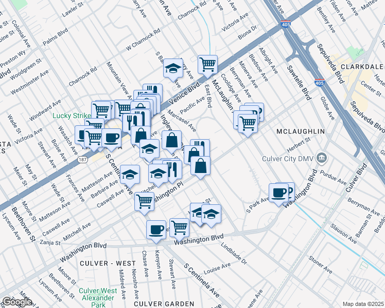 map of restaurants, bars, coffee shops, grocery stores, and more near 3944 Inglewood Boulevard in Los Angeles