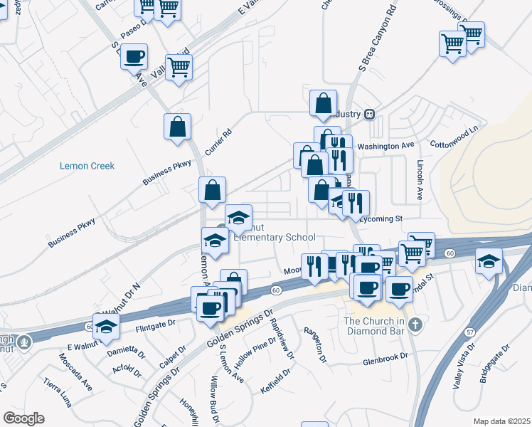 map of restaurants, bars, coffee shops, grocery stores, and more near 20801-20837 Lycoming Street in Diamond Bar
