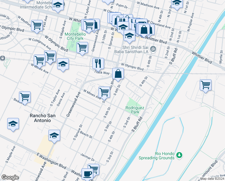 map of restaurants, bars, coffee shops, grocery stores, and more near 500 South Montebello Boulevard in Montebello