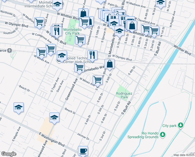 map of restaurants, bars, coffee shops, grocery stores, and more near 517 1/4 South Montebello Boulevard in Montebello
