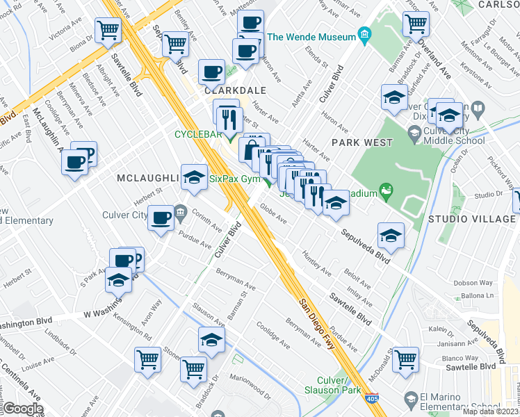 map of restaurants, bars, coffee shops, grocery stores, and more near 4320 Globe Avenue in Culver City