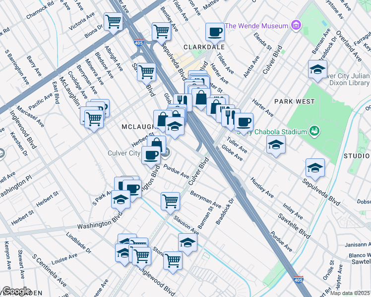 map of restaurants, bars, coffee shops, grocery stores, and more near 4250 Sawtelle Boulevard in Los Angeles