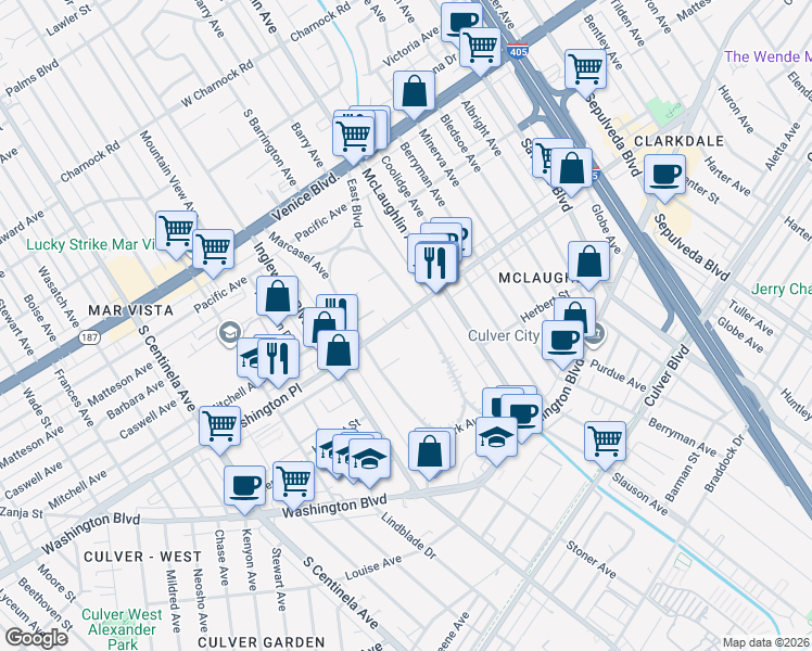 map of restaurants, bars, coffee shops, grocery stores, and more near in Los Angeles