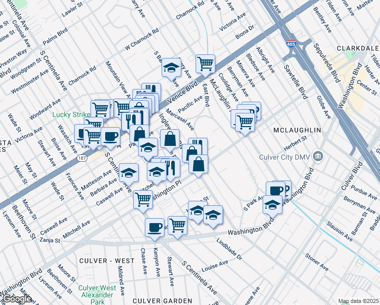 map of restaurants, bars, coffee shops, grocery stores, and more near 3944 Inglewood Boulevard in Los Angeles