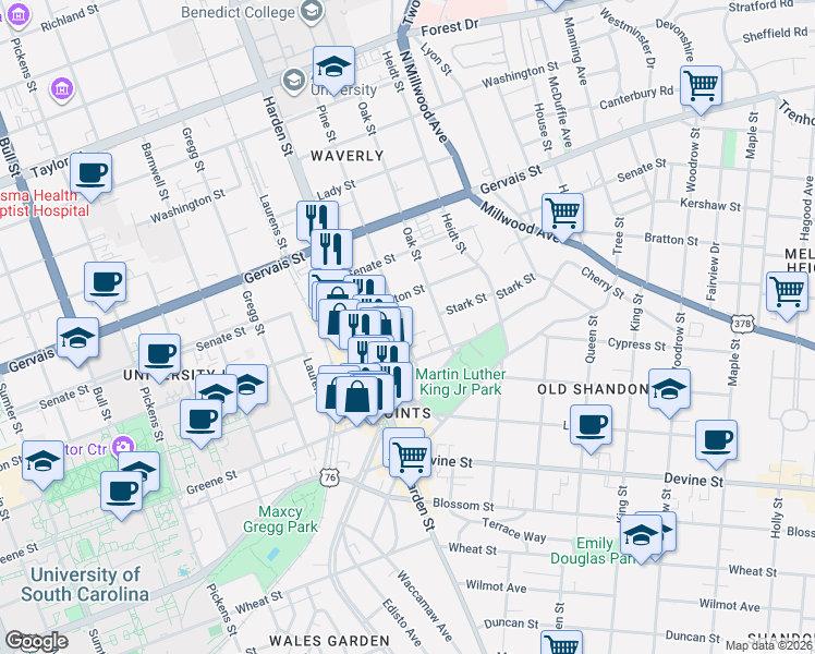 map of restaurants, bars, coffee shops, grocery stores, and more near 921 Pine Street in Columbia