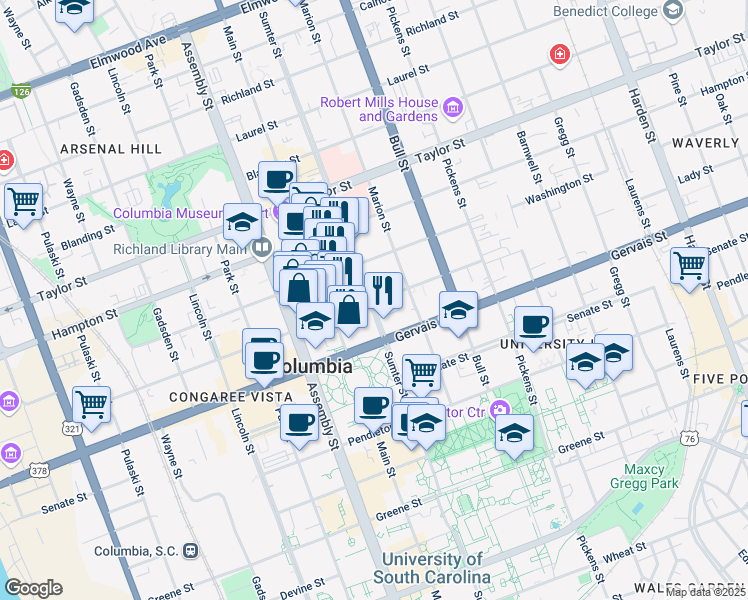 map of restaurants, bars, coffee shops, grocery stores, and more near 1313 Sumter Street in Columbia