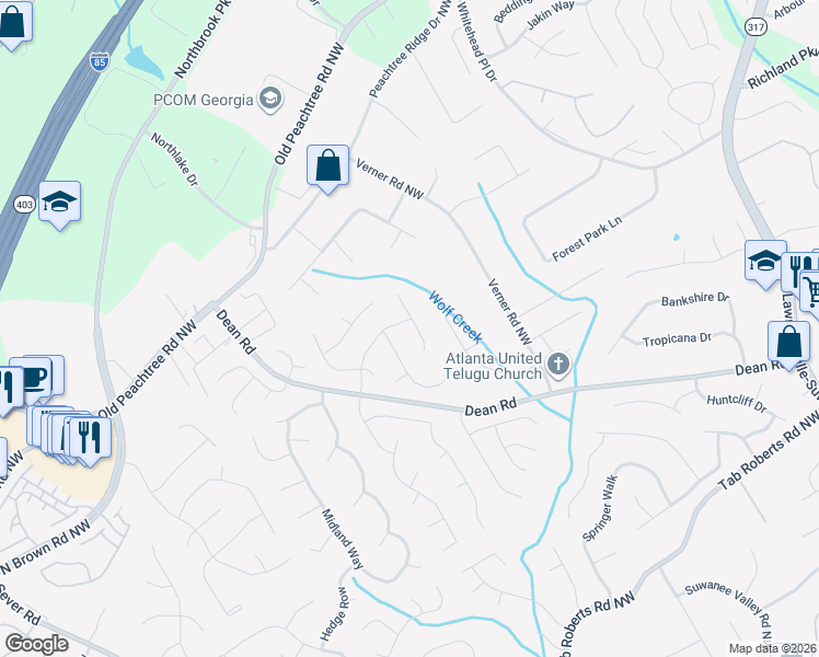 map of restaurants, bars, coffee shops, grocery stores, and more near 950 White Birch Way in Lawrenceville