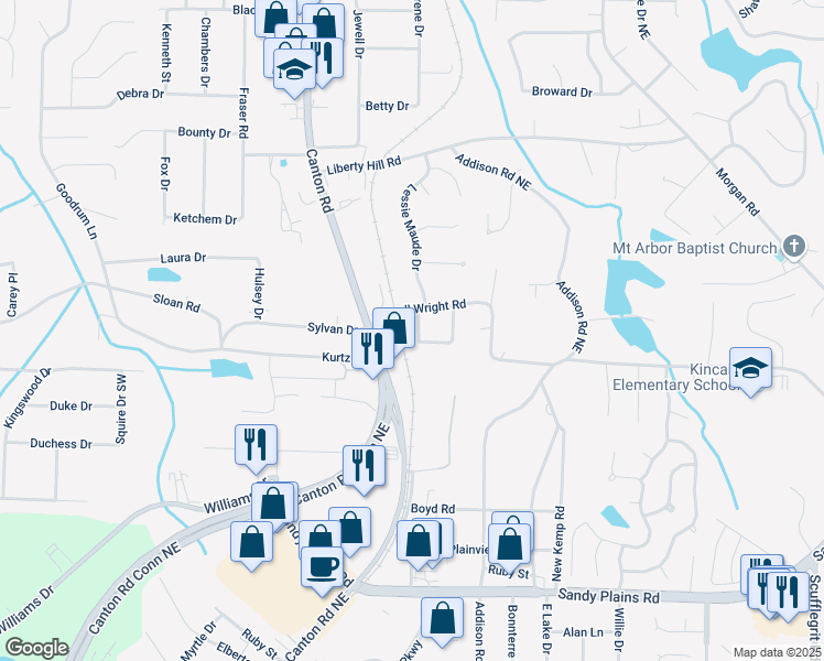 map of restaurants, bars, coffee shops, grocery stores, and more near Oland Circle in Cobb County
