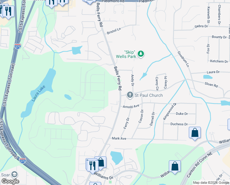 map of restaurants, bars, coffee shops, grocery stores, and more near 2115 Bells Ferry Road in Marietta