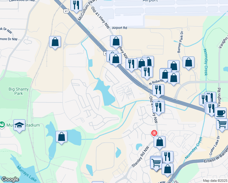 map of restaurants, bars, coffee shops, grocery stores, and more near 1802 Waterside Drive in Kennesaw