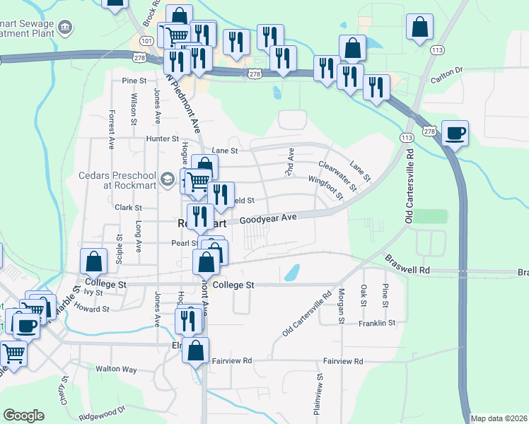 map of restaurants, bars, coffee shops, grocery stores, and more near 2000 1st Avenue in Rockmart