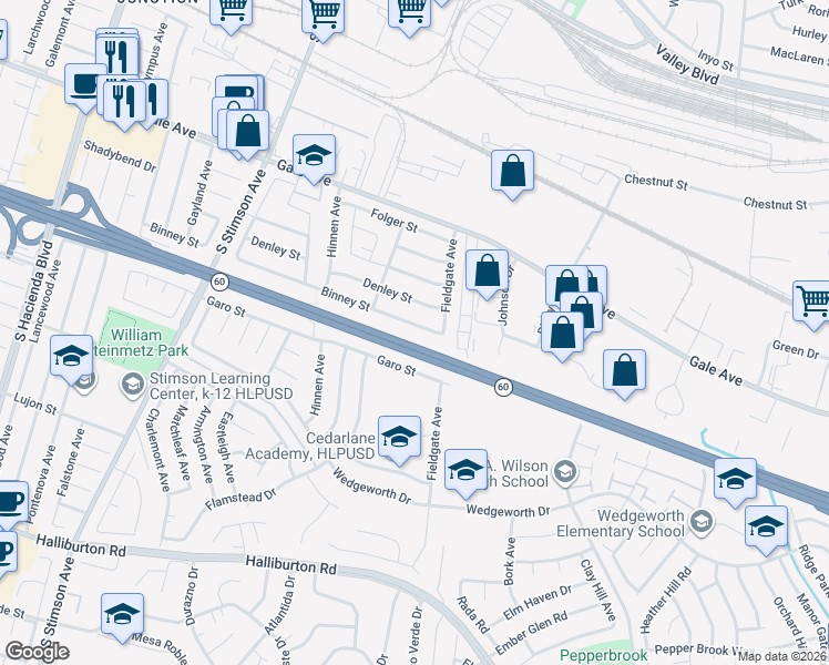 map of restaurants, bars, coffee shops, grocery stores, and more near 16350 Binney Street in Hacienda Heights