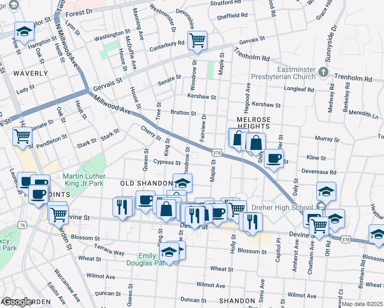 map of restaurants, bars, coffee shops, grocery stores, and more near Old Shandon Circle in Columbia