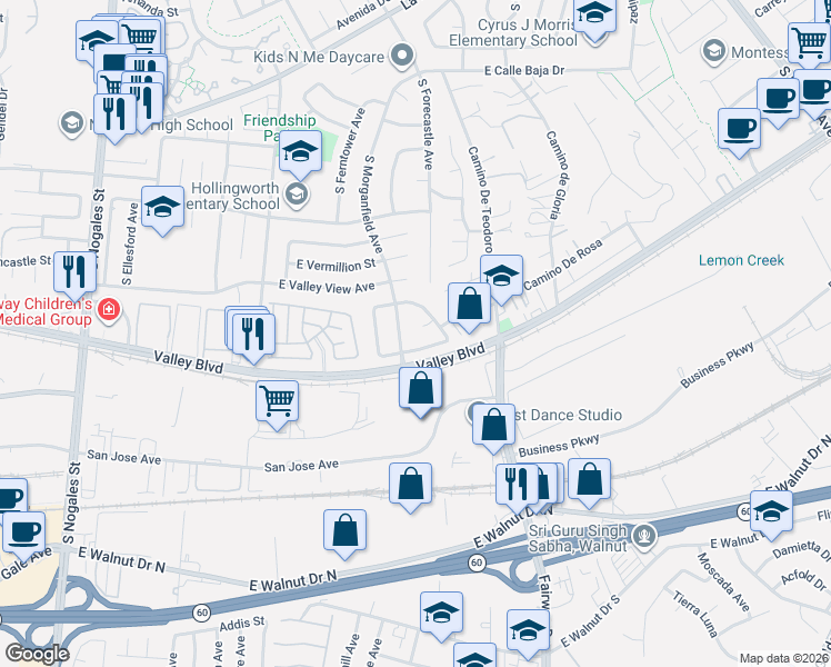 map of restaurants, bars, coffee shops, grocery stores, and more near 3246 East Bali Drive in West Covina